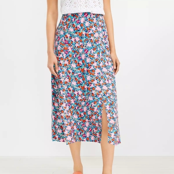 Loft Bright Daisy Linen Blend High Waisted Side Slit A-Line Midi Skirt Pink 12P - Picture 12 of 12